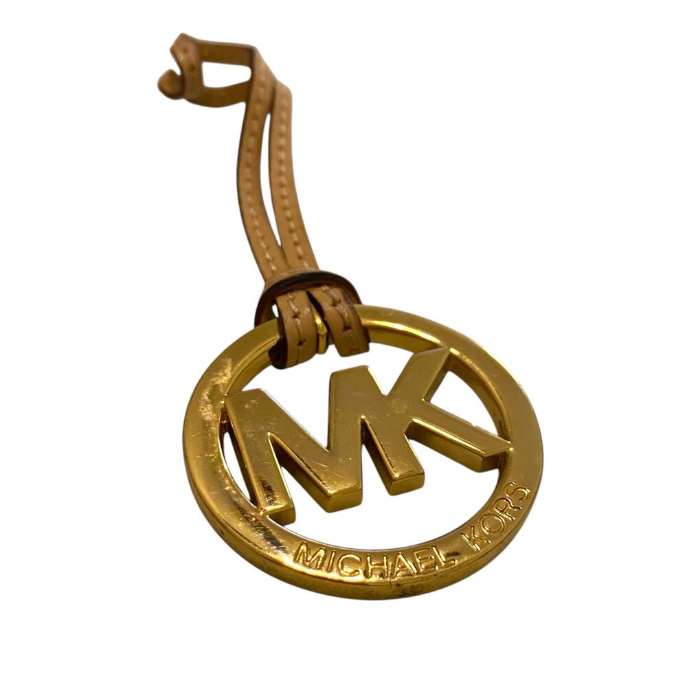 Michael Kors Monogram Logo Bag Charm in Beige/Tan Shiny Golden MK Round Logo